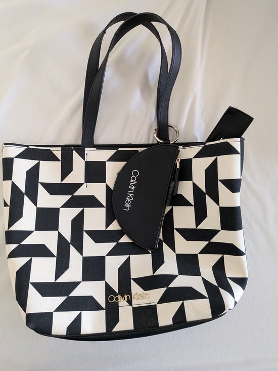 Calvin Klein Handbags - Calvin Klein Black & White Geometric Canvas Tote with Logo Pouch